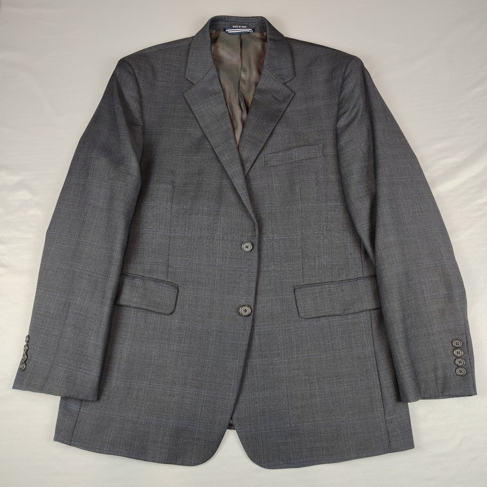 Nautica Mens 44R Blazer Charcoal Gray Blue Plaid Wool Blend Stretch Sport Coat